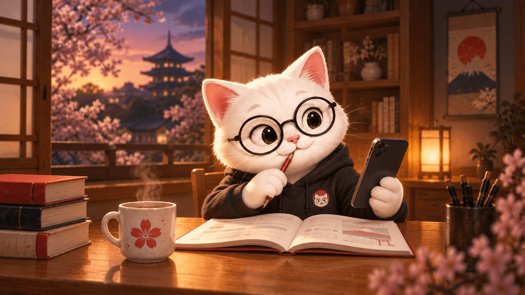 Yapanese's mascot practising Japanese at a desk with a notebook and phone